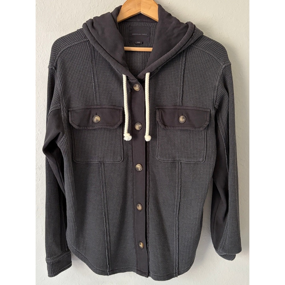 American Eagle Waffle Knit Hooded Button Front Shacket S Gray Gorpcore Layering
